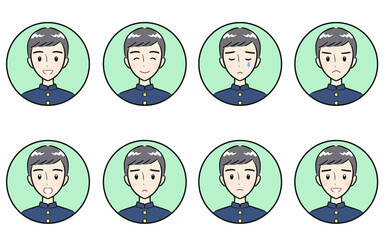 男子学生の喜怒哀楽・様々な表情のアイコンセット　グリーン