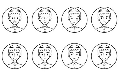 男子学生の喜怒哀楽・様々な表情のアイコンセット　線画