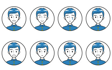 男子学生の喜怒哀楽・様々な表情のアイコンセット　シンプル