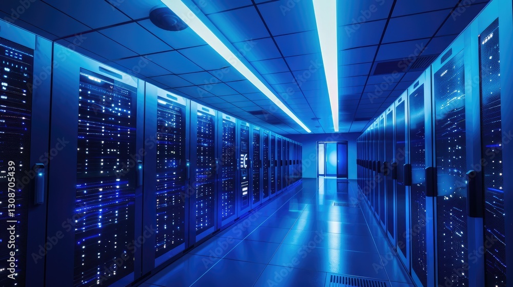 Poster explore a modern data center featuring advanced technology and blue ambient lighting. this high-tech