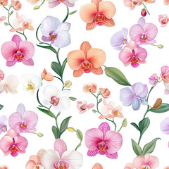 Flat style seamless pattern of orchids, isolate on a white background. PNG