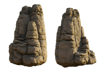 Two weathered rock formations against a transparent backdrop, ideal for compositing and virtual environments, offering a realistic textured surface