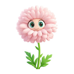 A playful 3D cartoon character of a carnation, isolated on a white background, designed with whimsical features. PNG