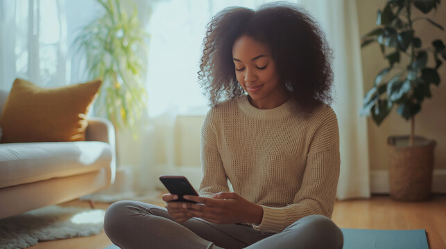 Smiling young woman using smartphone for digital wellness in cozy home setting