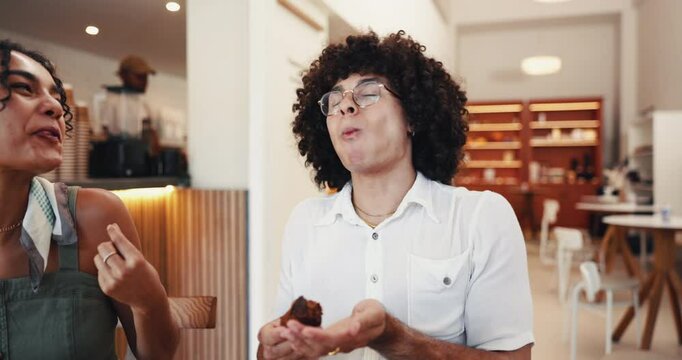 Friends, people and eating cake in coffee shop for taste test, dessert satisfaction and new flavor approval. Local support, happy and snack date in cafe with feedback and delicious chocolate treat
