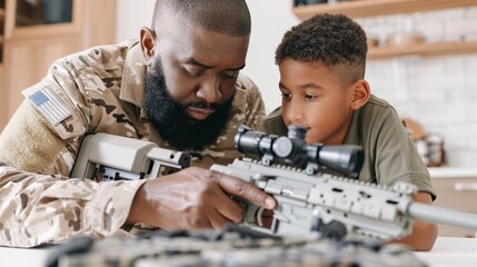 African male soldier teaching young child about rifles in home setting