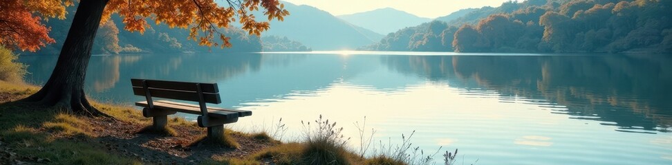 Obraz premium Glassy lake surface, bench by the shore, tranquil scene , rest, clouds, morning