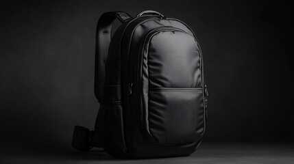 Black backpack studio shot, dark background, travel bag