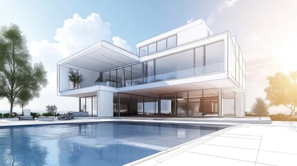 Fototapeta premium Modern Home Design with Pool and Sketch Lines