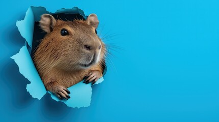 Curious capybara peeking through torn paper vibrant blue background animal portrait studio setting close-up view whimsical concept
