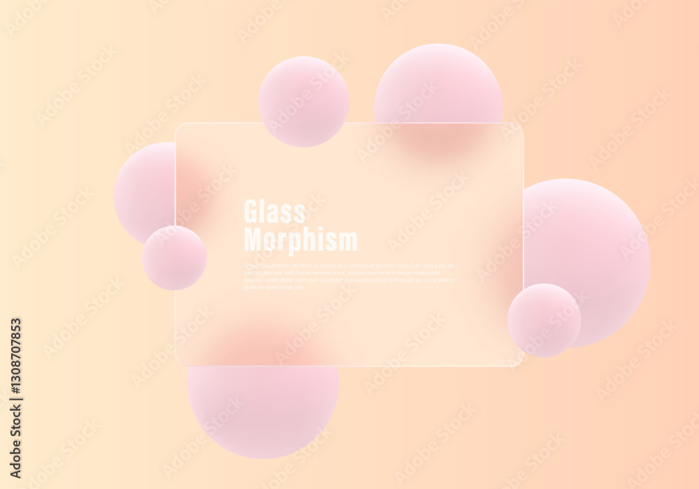 Poster website landing page template in glass morphism style. frosted glass partition with floating spheres