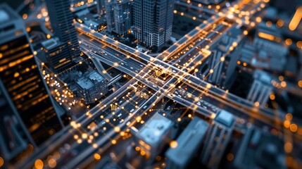 Aerial view of urban cityscape with illuminated roads and buildings at night