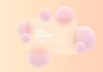 Website landing page template in glass morphism style. Frosted glass partition with floating spheres.