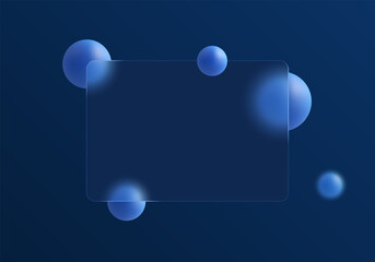 Glass morphism with frosted glass partition and floating blue spheres on a dark background.