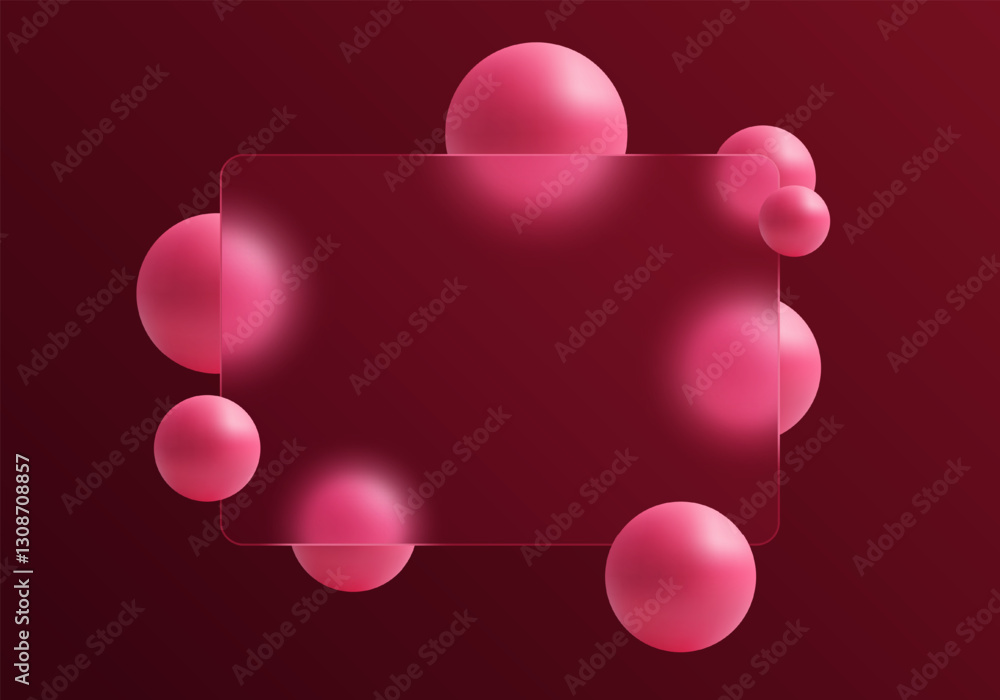 Poster glass morphism website landing page template. red background with glass partition and floating pink 