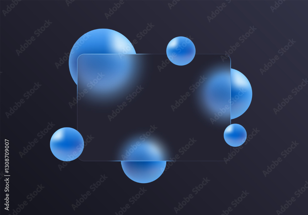 Aufkleber dark blue background with transparent partition and floating spheres in glass morphism style. websit