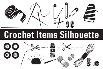 Crochet items silhouette, Knitting, sewing and needlework line icons, knitting items, sewing equipment