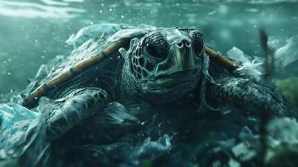 A close-up of a turtle entangled in plastic waste, struggling to move in the shallow ocean waters
