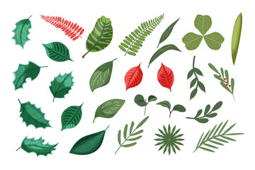 A set of leaves of different green and pink plants and a flower. Nature elements for the design of cards, banners, flyers, leaflets. Vector illustration on a white background.