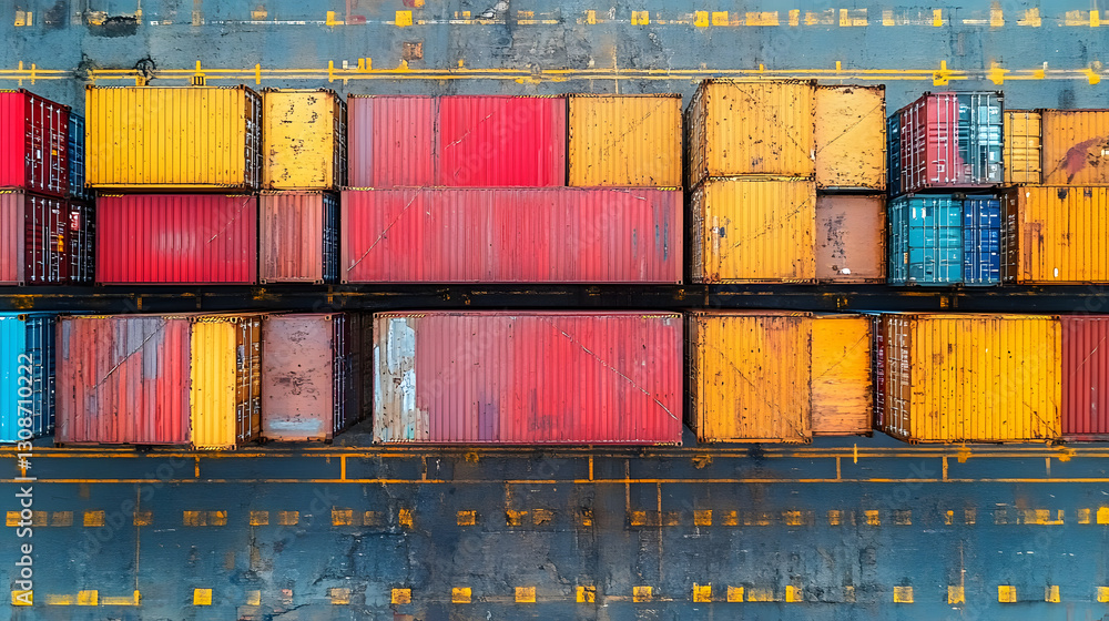 Poster cargo containers: overhead view of a cargo ship's deck, showcasing a vibrant array of stacked contai