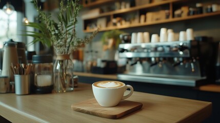 A cup of cappuccino sits on the counter in a cozy coffee shop.