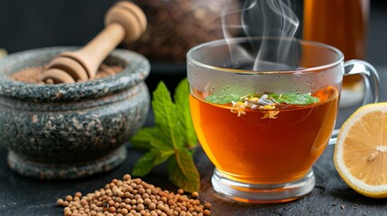 Aromatic herbal tea with lemon and coriander in clear glass mug