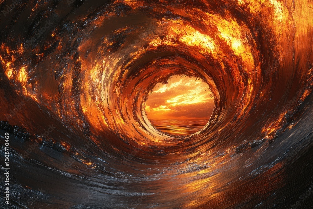 Poster Fiery wave vortex encapsulates a tranquil sunset, creating a surreal and breathtaking scene.