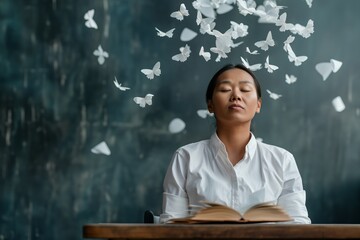 Young asian female meditating with floating paper butterflies in calm atmosphere