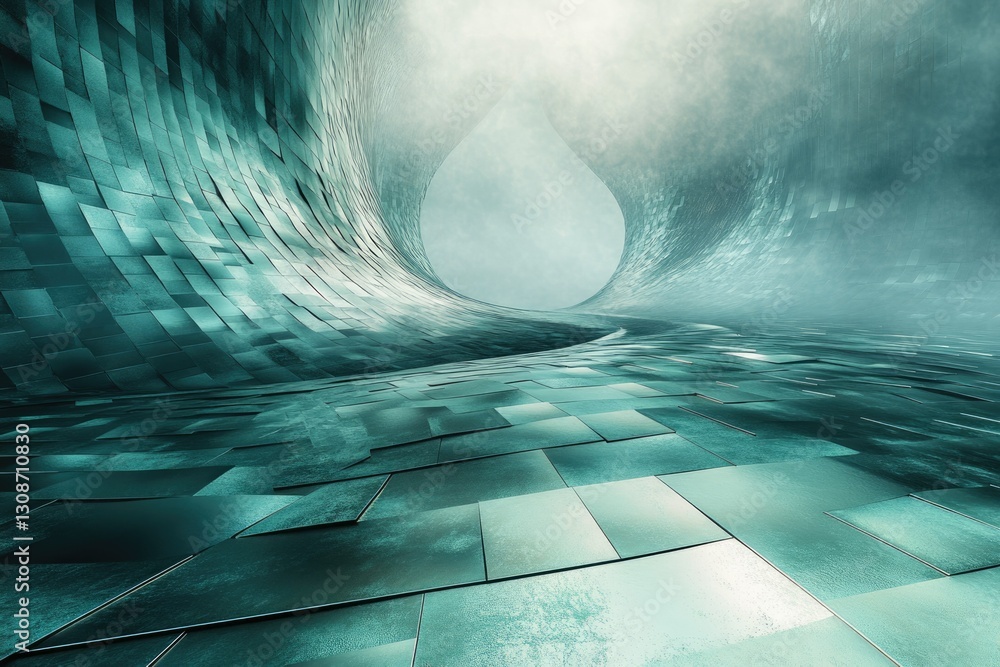 Poster abstract teal metallic tunnel with a teardrop-shaped opening, futuristic and atmospheric.
