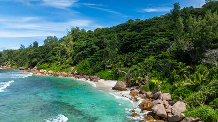 Lush tropical vegetation meets a rocky shoreline with clear turquoise waters and sunny skies. Seychelles, La Digue.