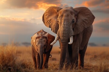 Obraz premium African elephants in sunset grassland: majestic adult and young wildlife scene