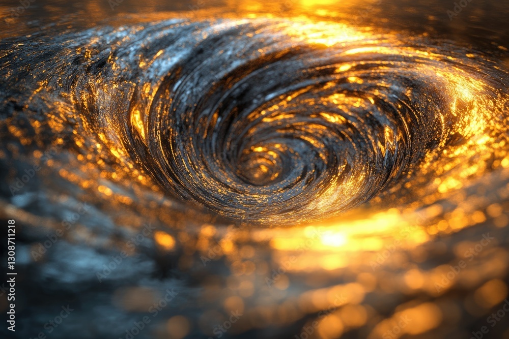 Poster a mesmerizing vortex of swirling metallic liquid, glowing with inner fire.