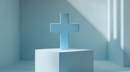 Obraz premium Blue glass cross, serene room, sunlight, faith, hope, website
