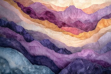 Fototapeta premium Abstract layered mountain landscape in calming purple, gold, and blue hues.