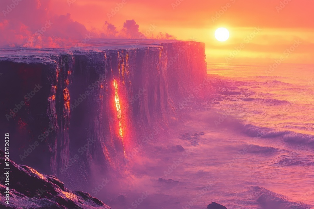 Poster lava flows down a cliff into the ocean at sunset, creating a dramatic, fiery scene.