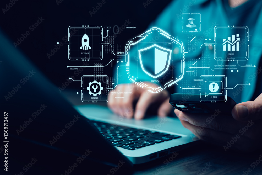 Poster cyber security and security password login online concept hands typing and entering username and pas