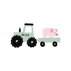 Cute farm animals in flat style. Hand-drawn country animal, car, tractor. Childish character. Cartoon flat graphic vector illustrations