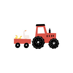 Cute farm animals in flat style. Hand-drawn country animal, car, tractor. Childish character. Cartoon flat graphic vector illustrations