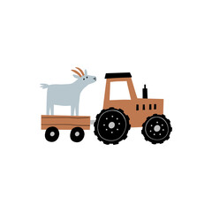 Obraz premium Cute farm animals in flat style. Hand-drawn country animal, car, tractor. Childish character. Cartoon flat graphic vector illustrations