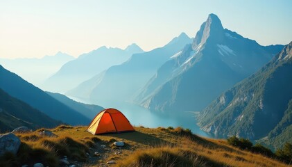 Misty mountain range, lone tent in foreground , mystical, camping