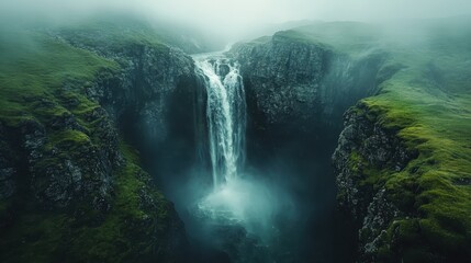 A cliffside waterfall cascading into a misty pool below.
