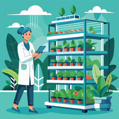scientist inspecting vertical farming racks vector image on white background 