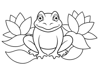 Zentangle stylized cartoon frog sitting among lotus flowers and water water-lilies. Sketch for adult antistress coloring page