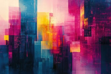 Abstract artwork with vibrant colors and geometric shapes, creating a dynamic and layered composition.