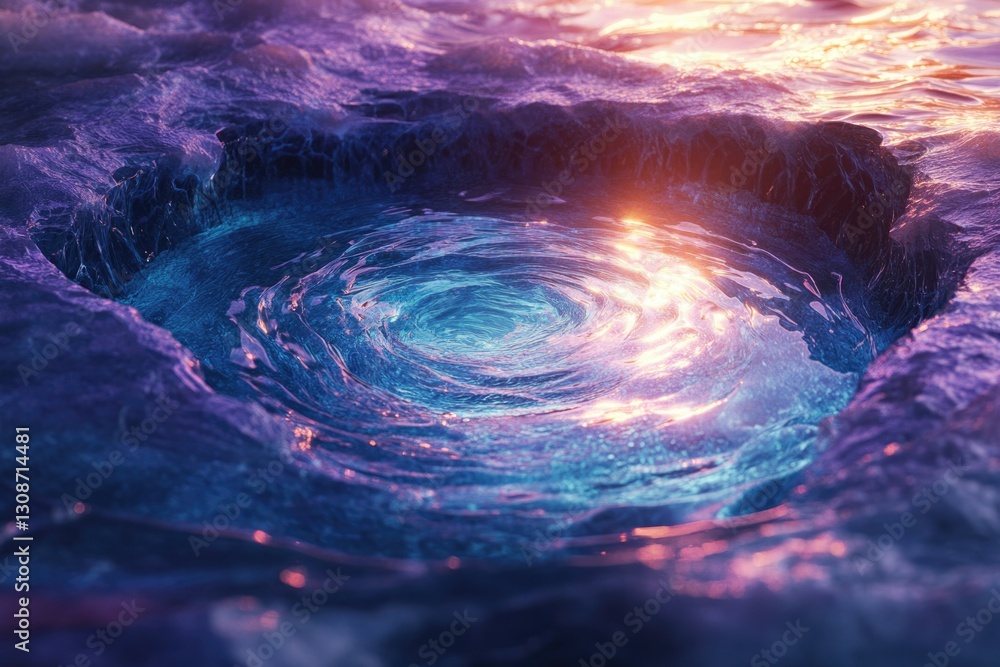 Poster a mesmerizing whirlpool of vibrant blue and purple water glows with an ethereal light, creating a fa