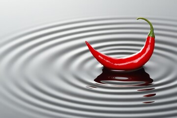 Single red chili pepper floating on water, creating mesmerizing ripple effect. The contrast between bold red and fluid reflections adds drama and intensity.