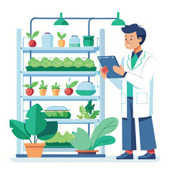 scientist inspecting vertical farming racks vector image on white background 