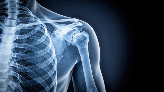 An X-ray image showing a broken arm with a shoulder spica orthopedic plaster cast applied, with clear fractures visible in the bone