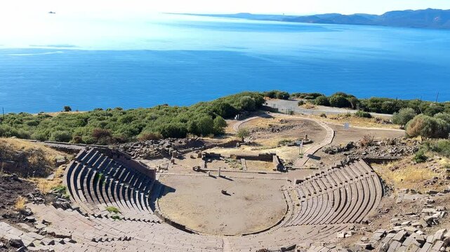 Morning in the ancient theatre of Assos. Famous ancient cities of Turkey. Travelling to Turkey. Ayvacik district, Canakkale province.  4k video