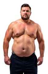 Fototapeta premium Strong overweight man showing dad bod on white background